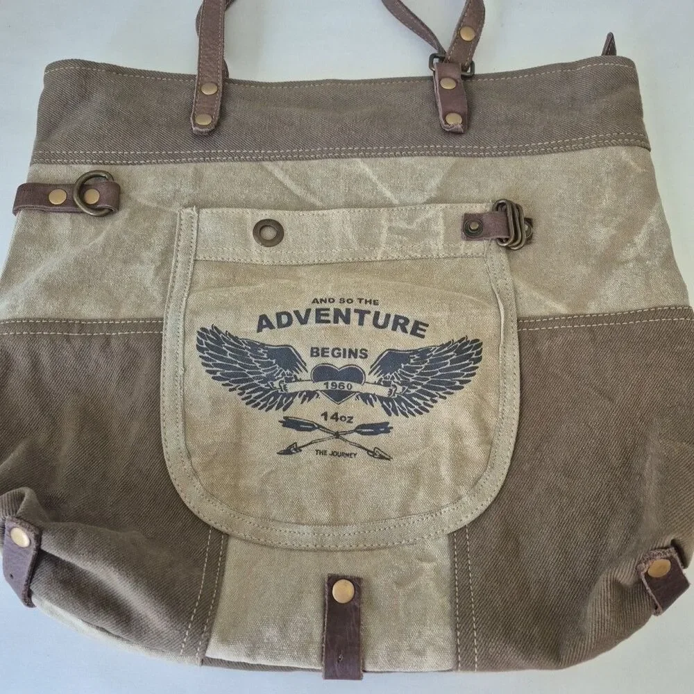Myra Bag So The Adventure Begins 1960 The Journey Upcycled Denim and Canvas Tote